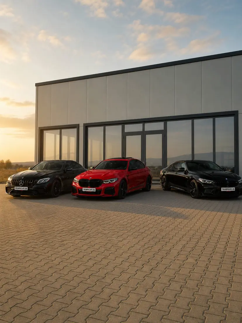 Mercedes AMG, червено BMW и черно BMW пред шоурума на TRIUMPHCARS